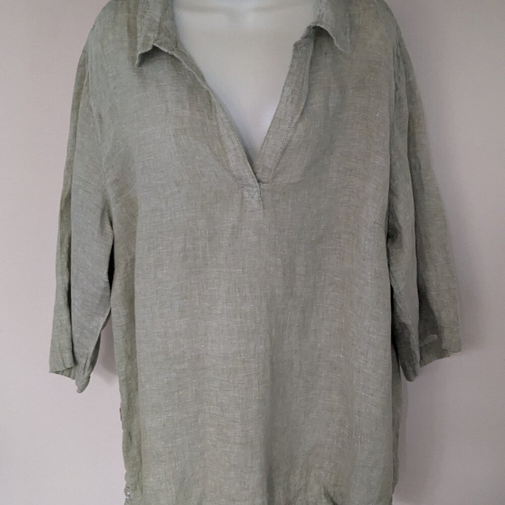 Tahara Sage Green Linen Top With Pearl Buttons Down Sides 3/4 Length Sleeves 2X